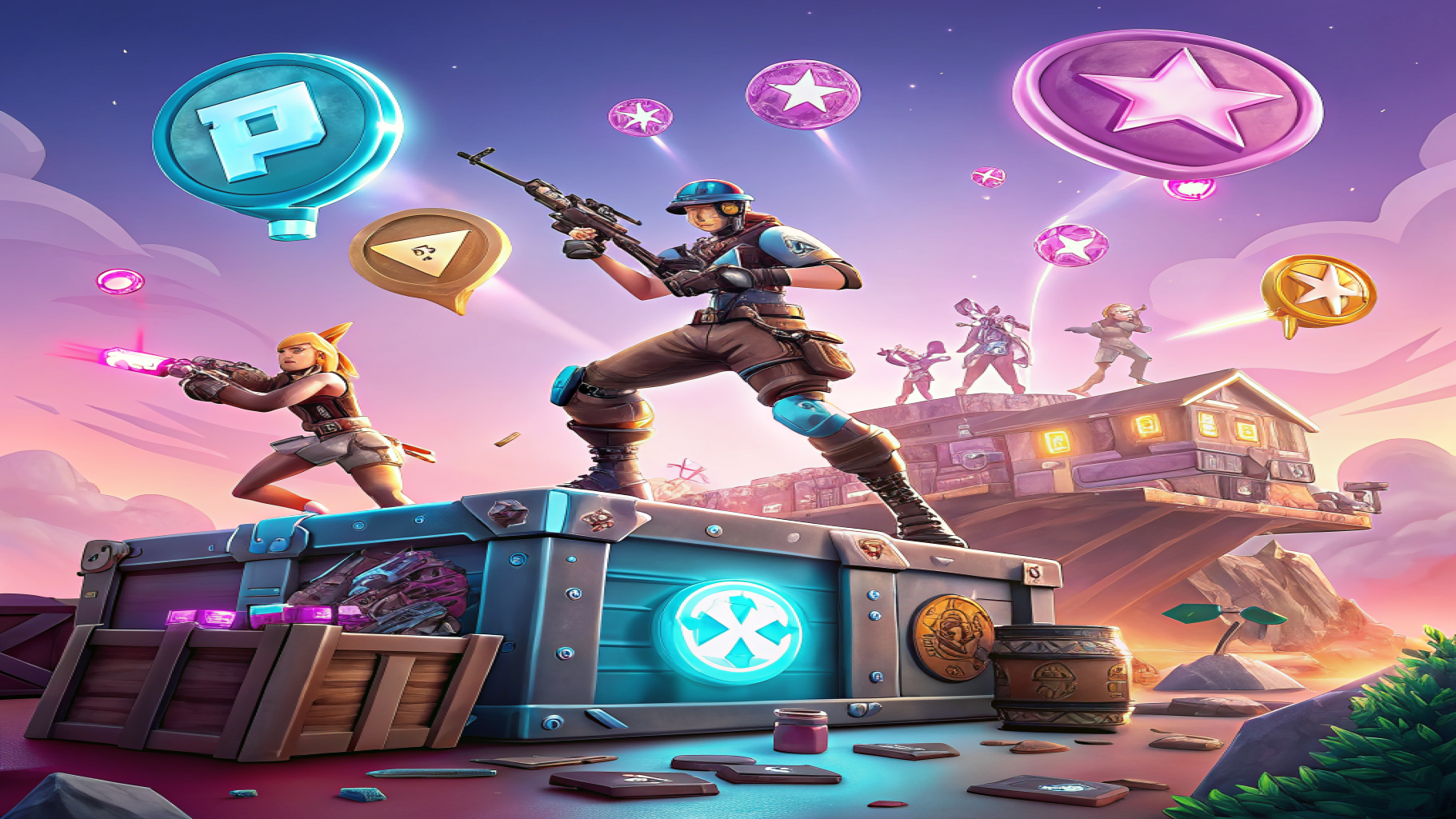 Fortnite-style characters with in-game rewards and currency