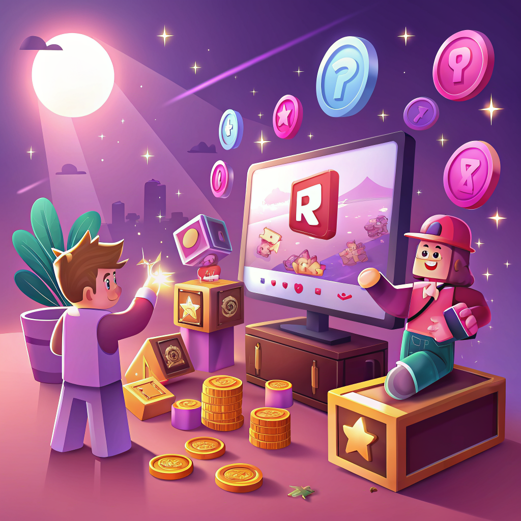 Roblox-style characters earning in-game rewards